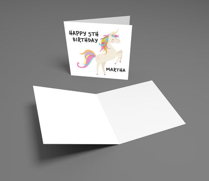 Birthday card with unicorn illustration and text on a gray background