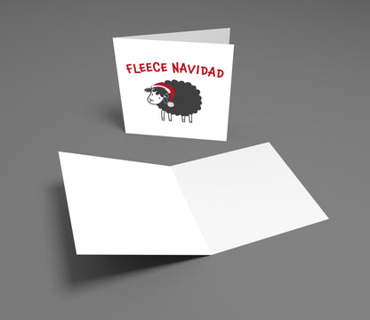 Greeting card with a sheep illustration and 'Fleece Navidad' text on a gray background