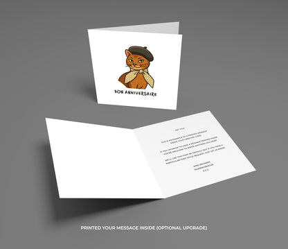 Greeting card with a bear illustration and 'Bon Anniversaire' text on a gray background