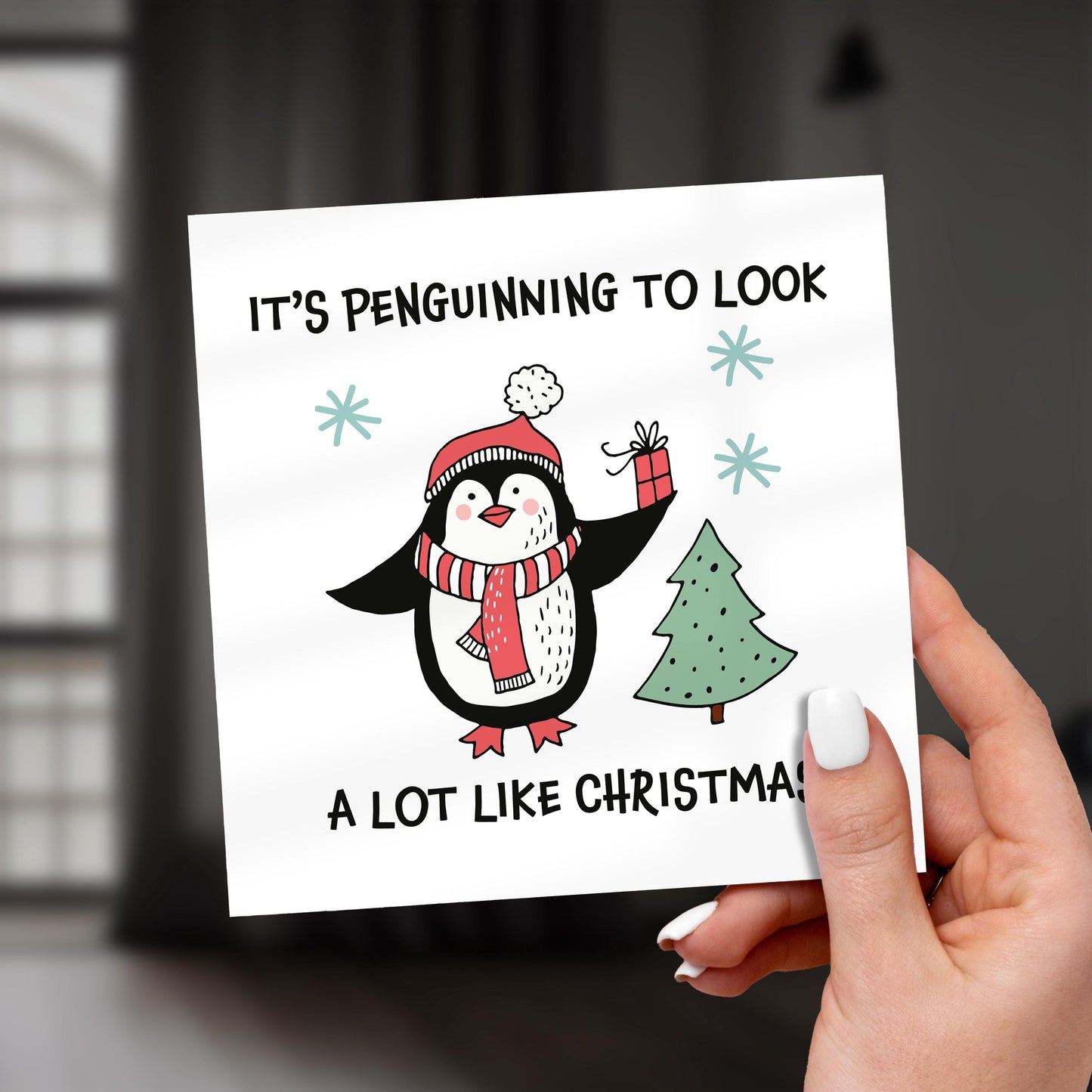 Funny Penguin Christmas Card, It’s Penguinning to Look a Lot Like Christmas, Cute Animal Pun Holiday Greeting Card