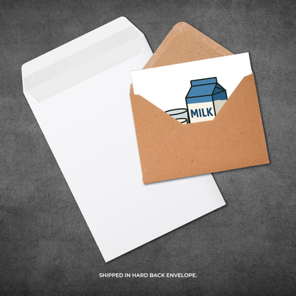 Card with a milk carton illustration in a brown envelope on a gray background