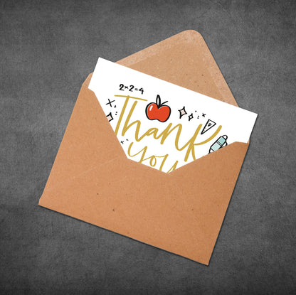 Card with 'Thank You' message and an apple illustration in a brown envelope on a dark gray background