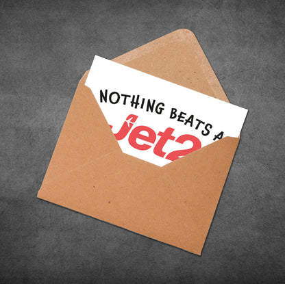 Brown envelope with a white card inside featuring text and a logo on a gray background