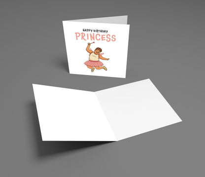 Birthday card for a princess with an illustration of a girl in a pink dress on a gray background