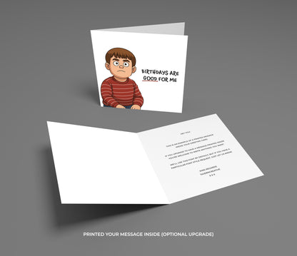 Greeting card with cartoon character and text on a gray background
