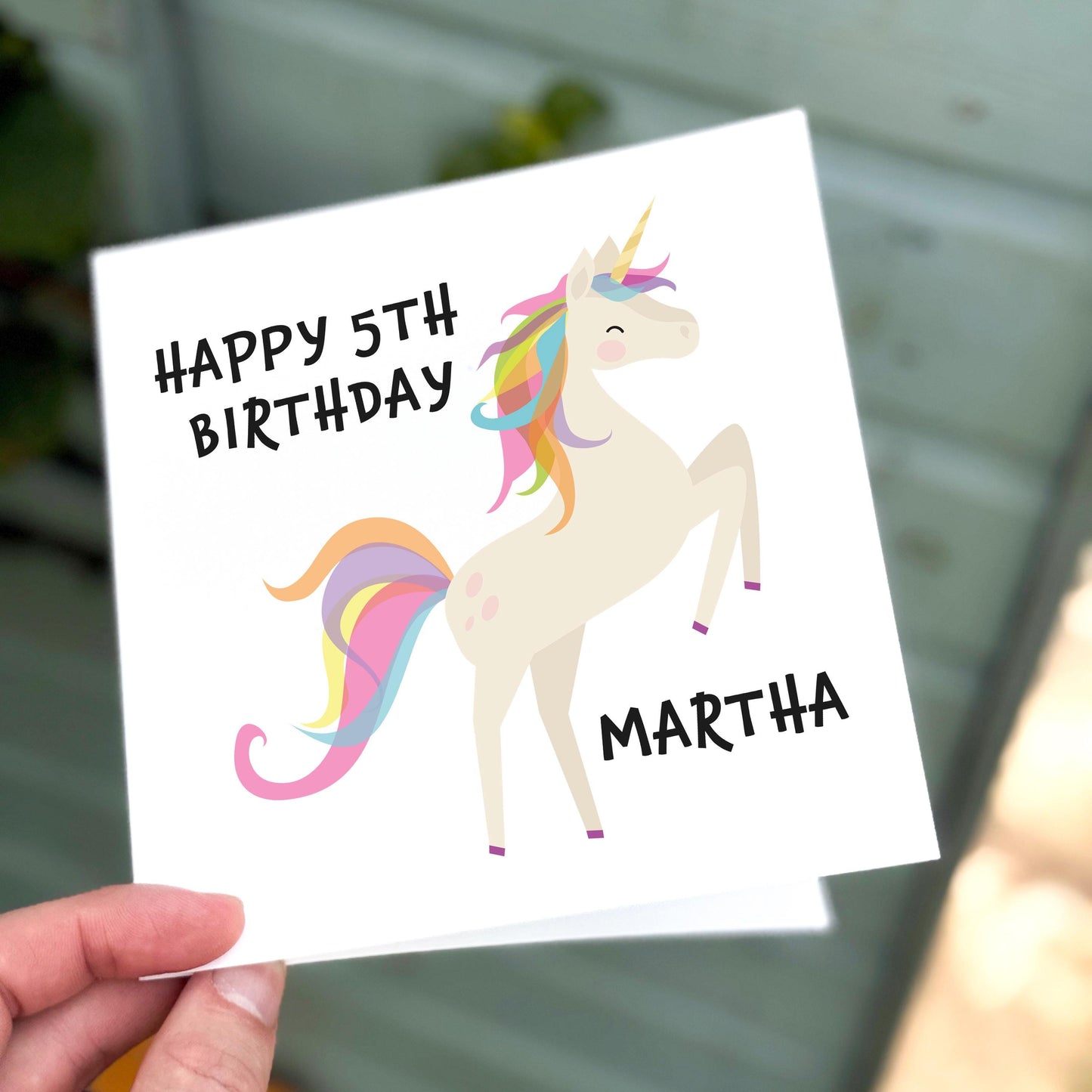 Personalized 5th Birthday Unicorn Card: Rainbow Magical Girl