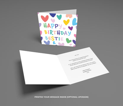 Birthday card with colorful hearts and 'Happy Birthday Bestie' text on a gray background