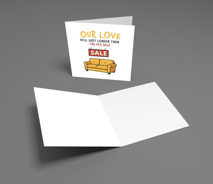 Greeting card with a yellow couch illustration and text on a gray background