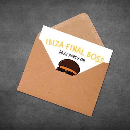 Card with 'Ibiza Final Boss Says Party On' text and graphic in an open brown envelope on a dark gray background