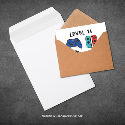 Greeting card with 'Level 16' design in a brown envelope on a gray background