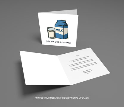 Greeting card with milk carton and glass illustration and humorous text on a gray background