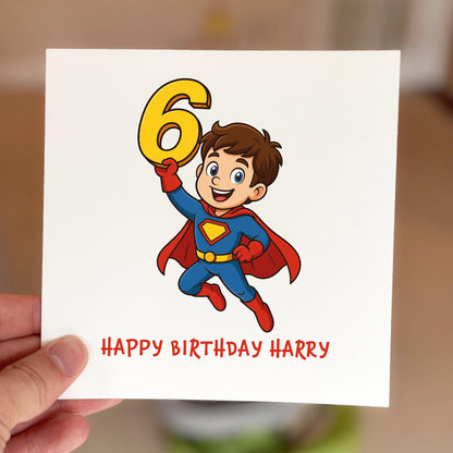 Superhero birthday card with number 6 and 'Happy Birthday Harry' text