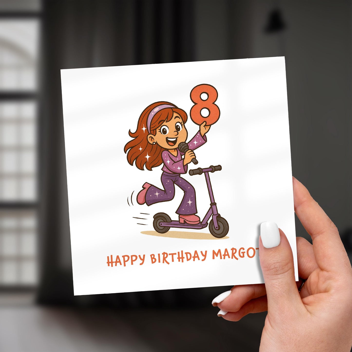 Personalized 8th Birthday Card for Girl: Popstar Scooter Design
