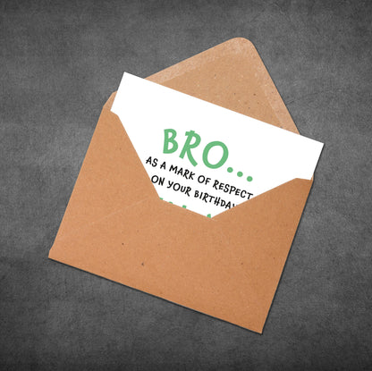 Brown envelope with a white card inside featuring green and black text on a gray background