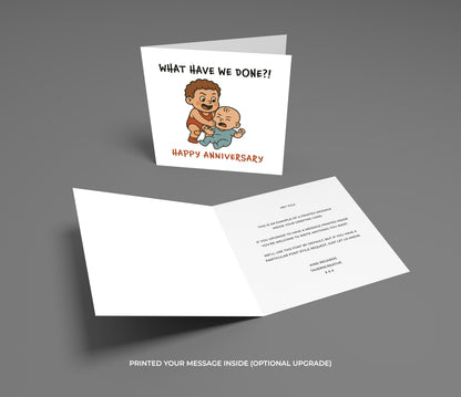 Anniversary card with cartoon characters and text on a gray background