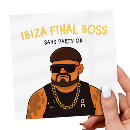 Sticker with cartoon character and text 'Ibiza Final Boss Says Party On' held by a hand.