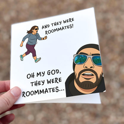 Card with cartoon illustration of a woman and a man, with text about roommates.