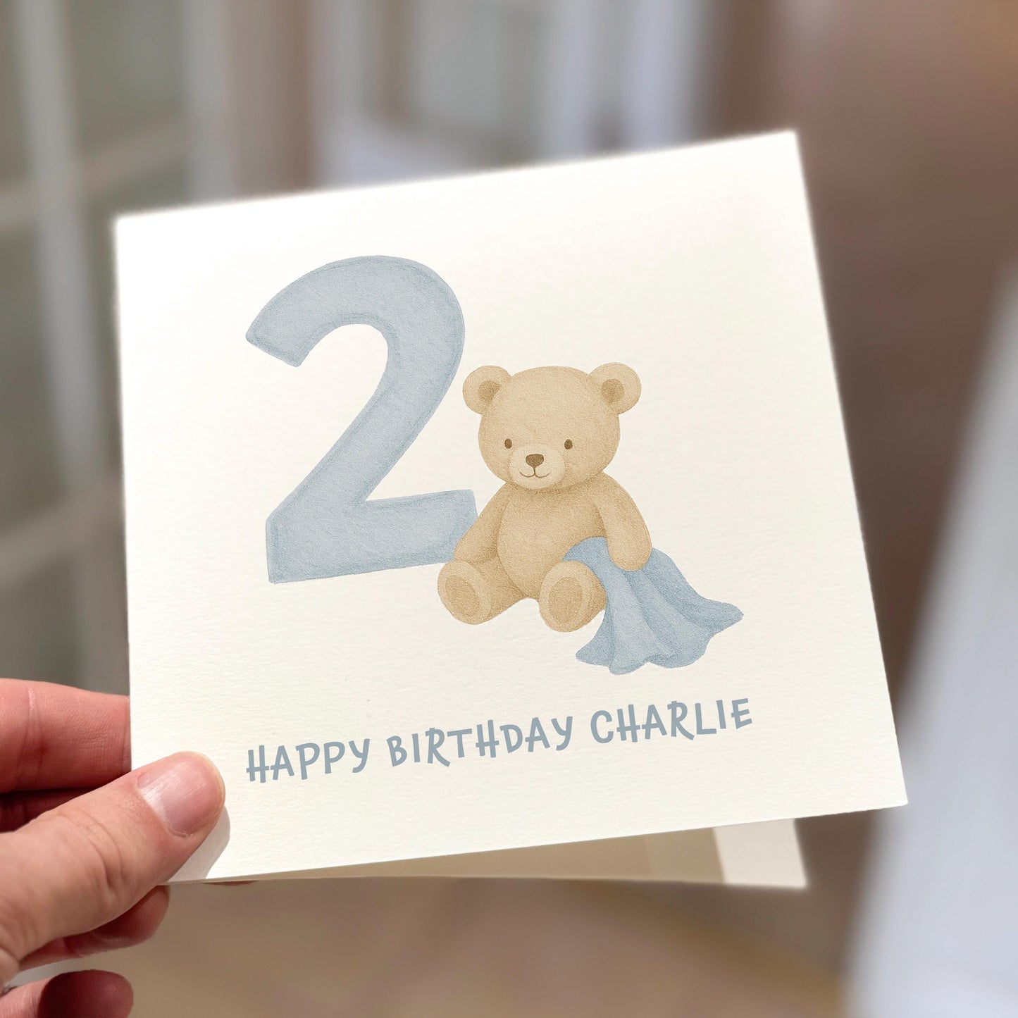2nd Birthday Card for Boy, Personalised Birthday Card, Cute Bear Birthday Card for Son, Toddler Birthday Card, Blue Pastel Age 2 Card