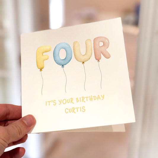 Personalized 4th Birthday Card for Boy: Pastel Balloons