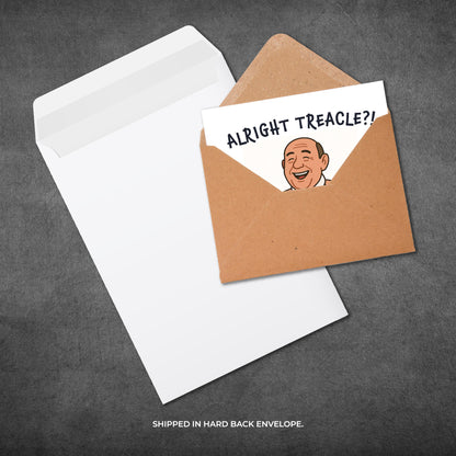 Card with a humorous illustration and text 'ALIGHT TREACLE?' in a brown envelope on a dark gray background.