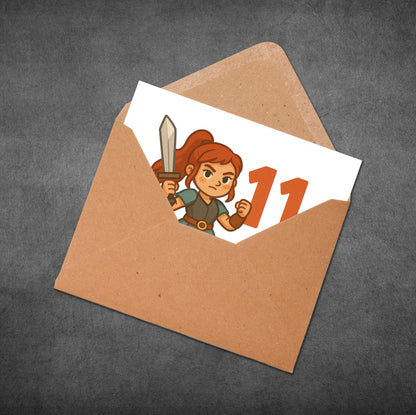 Cartoon character with a sword peeking out from an open brown envelope on a dark gray background