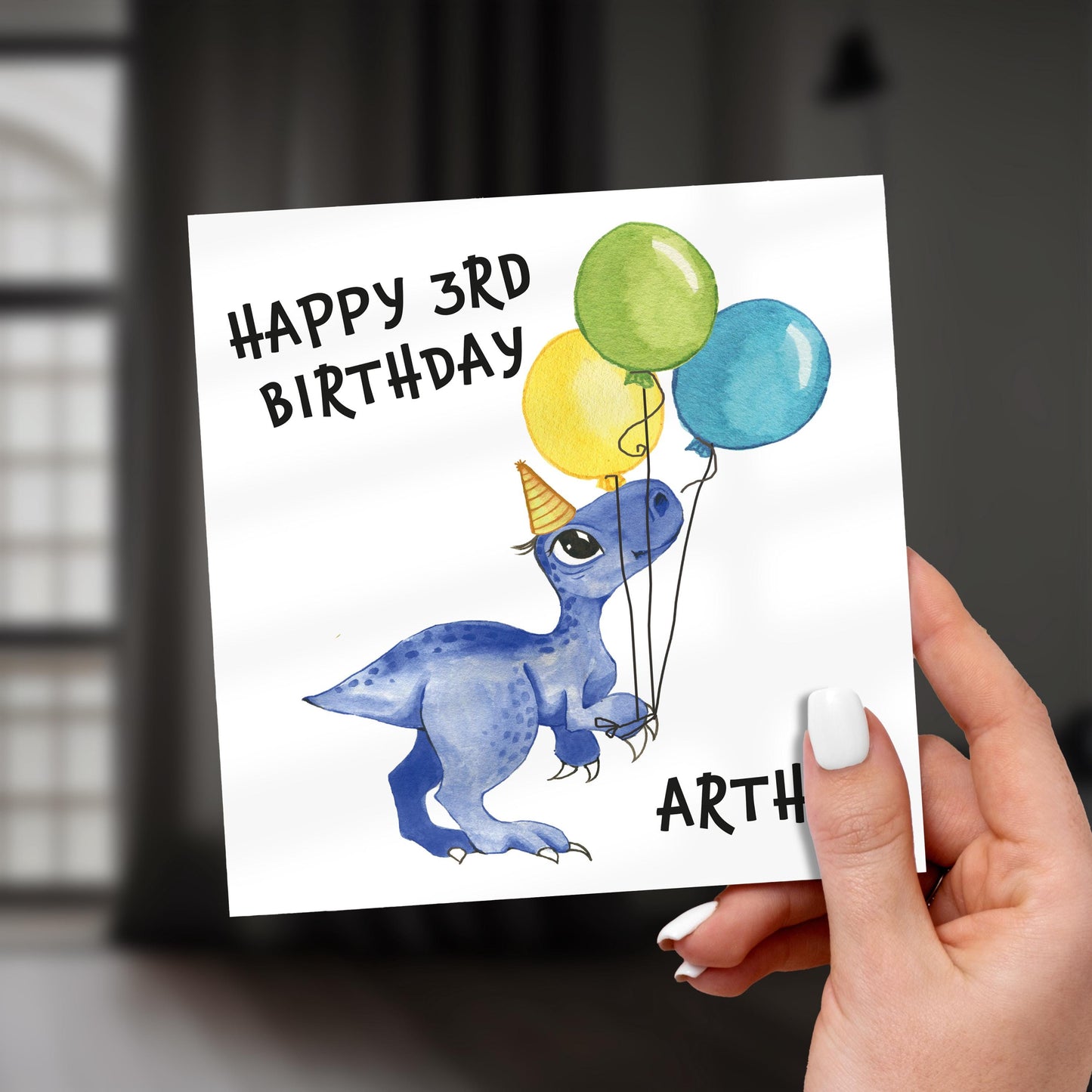 Personalized Dinosaur 3rd Birthday Card: Blue Dino Party Hat
