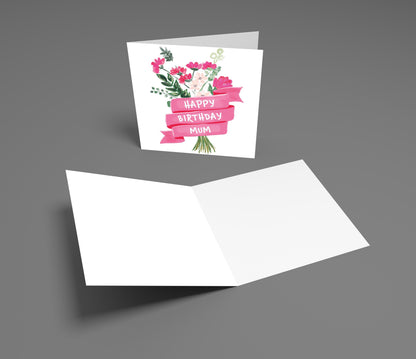 Greeting card with floral design and 'Happy Birthday Mum' text on a gray background