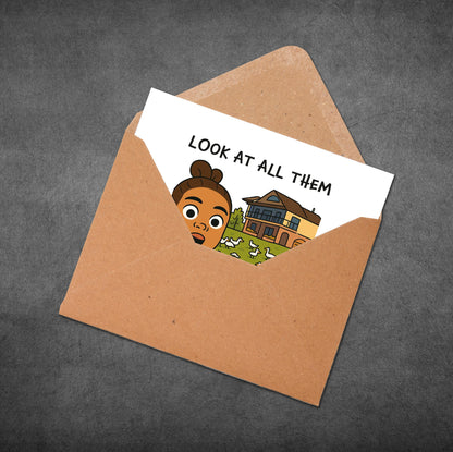 Card with cartoon character and text 'Look at all them' in an open brown envelope on a dark gray background