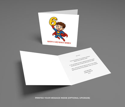 Superhero-themed birthday card with a child illustration and number 6 on a gray background