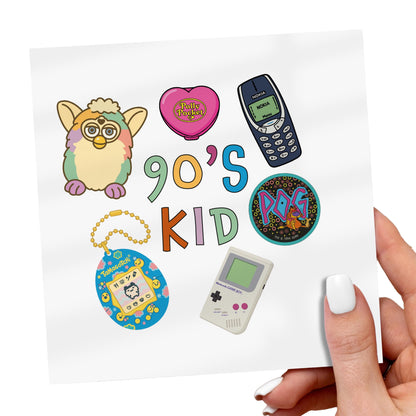 Stickers themed around 90s nostalgia held by a hand on a white background