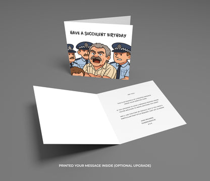 Birthday card with cartoon police officers and text on a gray background