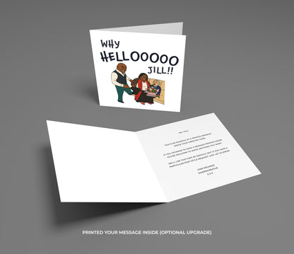 Greeting card with illustration and text on a gray background