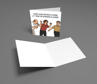Greeting card with cartoon illustration and humorous text on a gray background