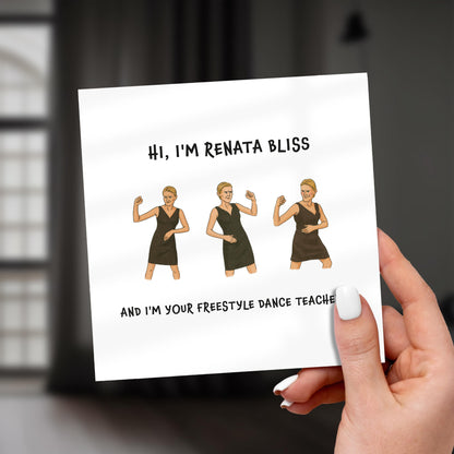Card with illustrations of a woman in a black dress and text about Renata Bliss, a freestyle dance teacher.