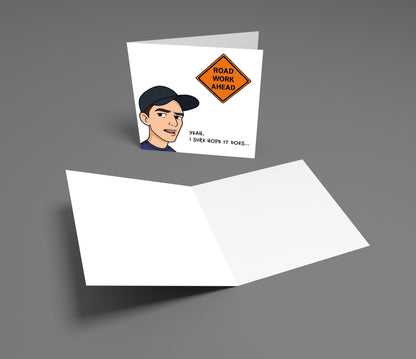 Greeting card with a cartoon character and road work sign on a gray background