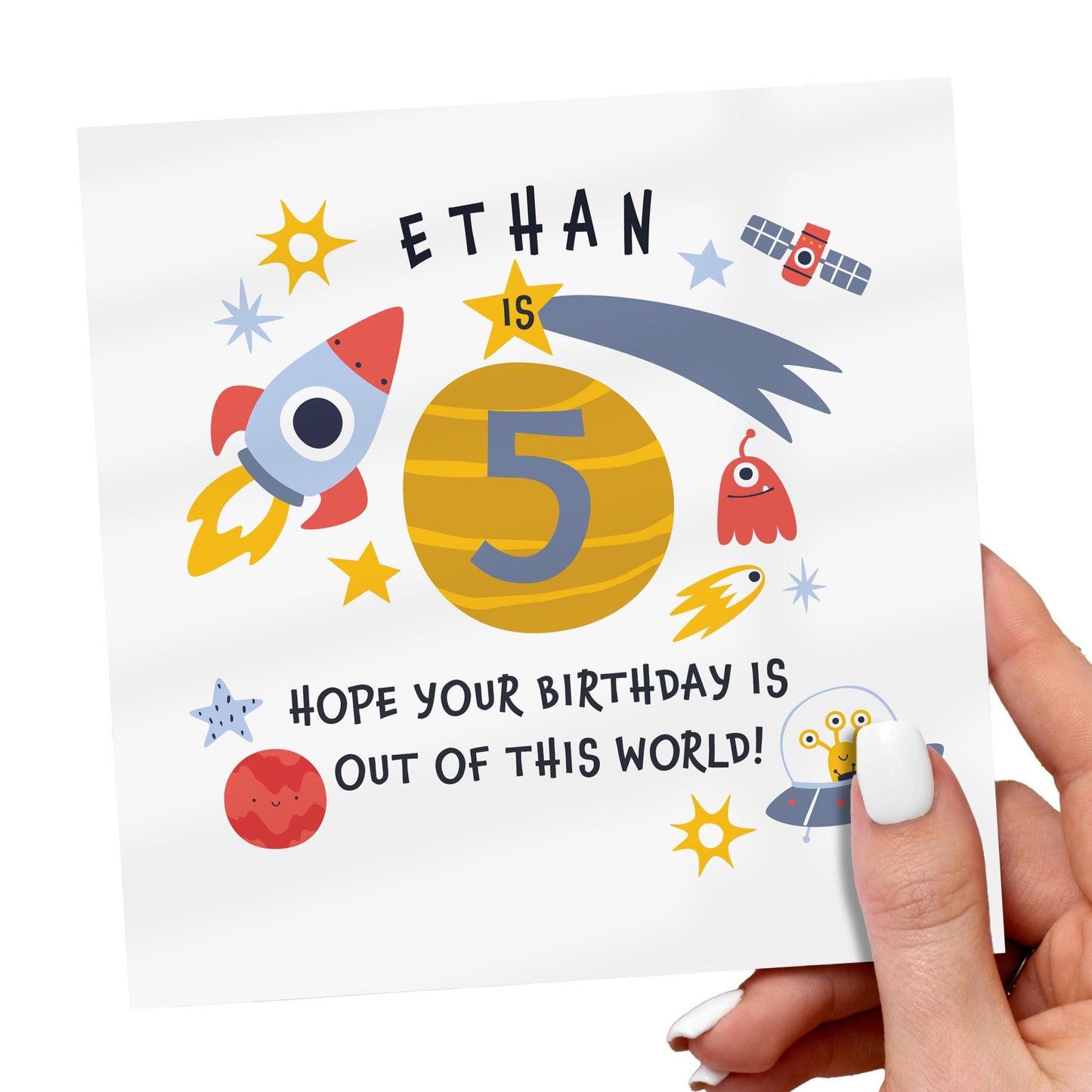 Personalized Kids Space Birthday Card: Rocket, Planets