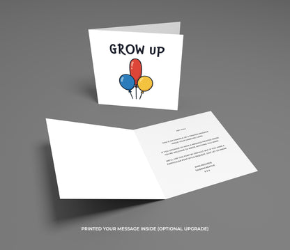 Greeting card with balloons and 'Grow Up' text on a gray background