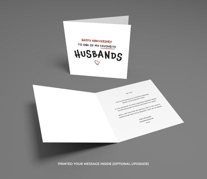 Greeting card with 'Happy Anniversary to one of my favourite husbands' text on a gray background
