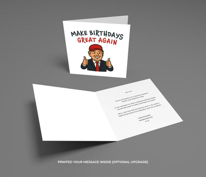 Greeting card with cartoon character and text 'Make Birthdays Great Again' on a gray background