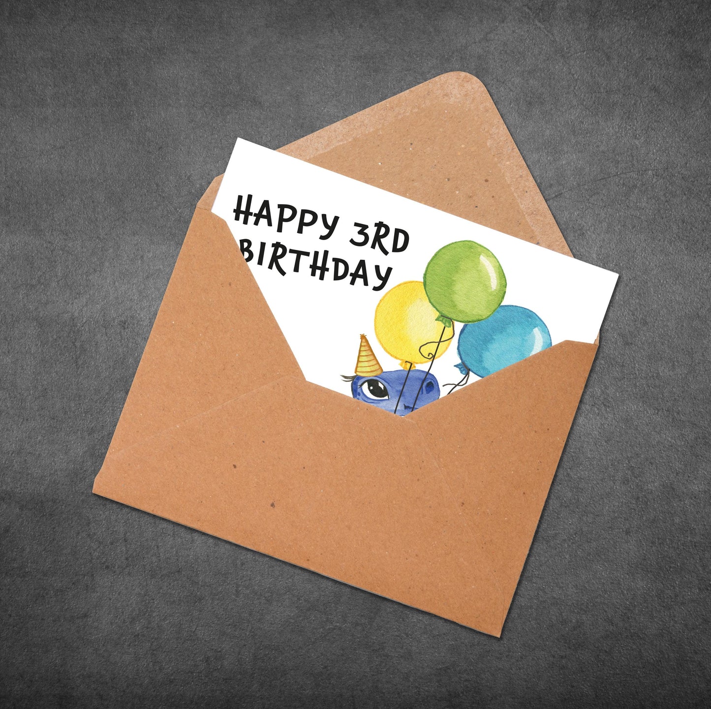 Personalized Dinosaur 3rd Birthday Card: Blue Dino Party Hat