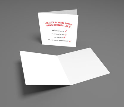 Greeting card with red text on a gray background