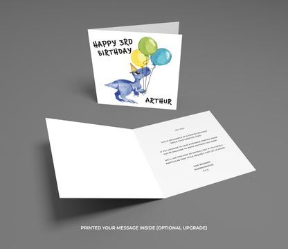 Birthday card with a dinosaur and balloons on a gray background