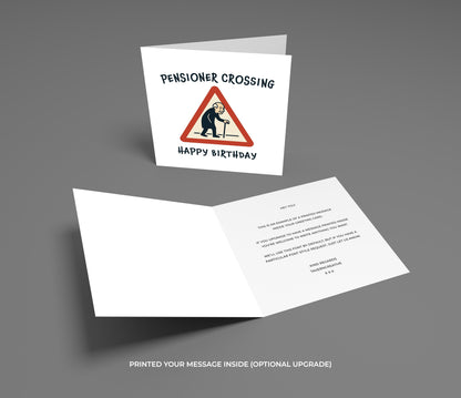 Birthday card with 'Pensioner Crossing' design on a gray background