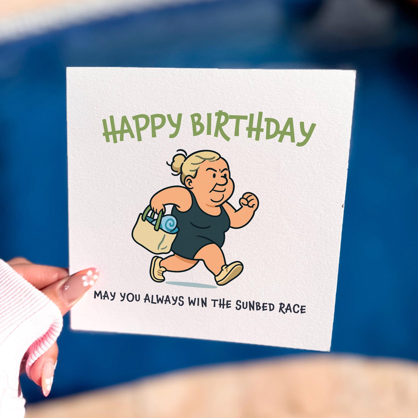 Funny Sunbed Race Birthday Card: Cheeky Holiday Meme