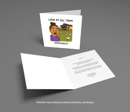 Card with cartoon character and text 'Look at all them chickens!!!' on a gray background