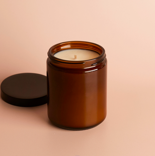 Large Amber Jar Candle with Lid - Fresh Winter Pine and Woodland Spice Scent - Blank Candle Ready to Personalise