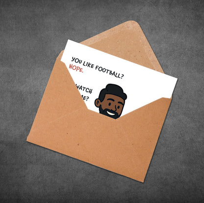 Card with text and illustration of a man in an open envelope on a gray background