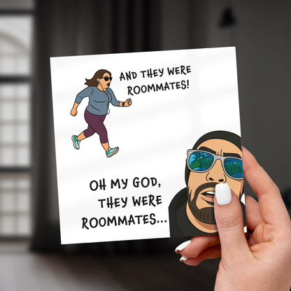 Card with cartoon characters and text about roommates held by a hand.