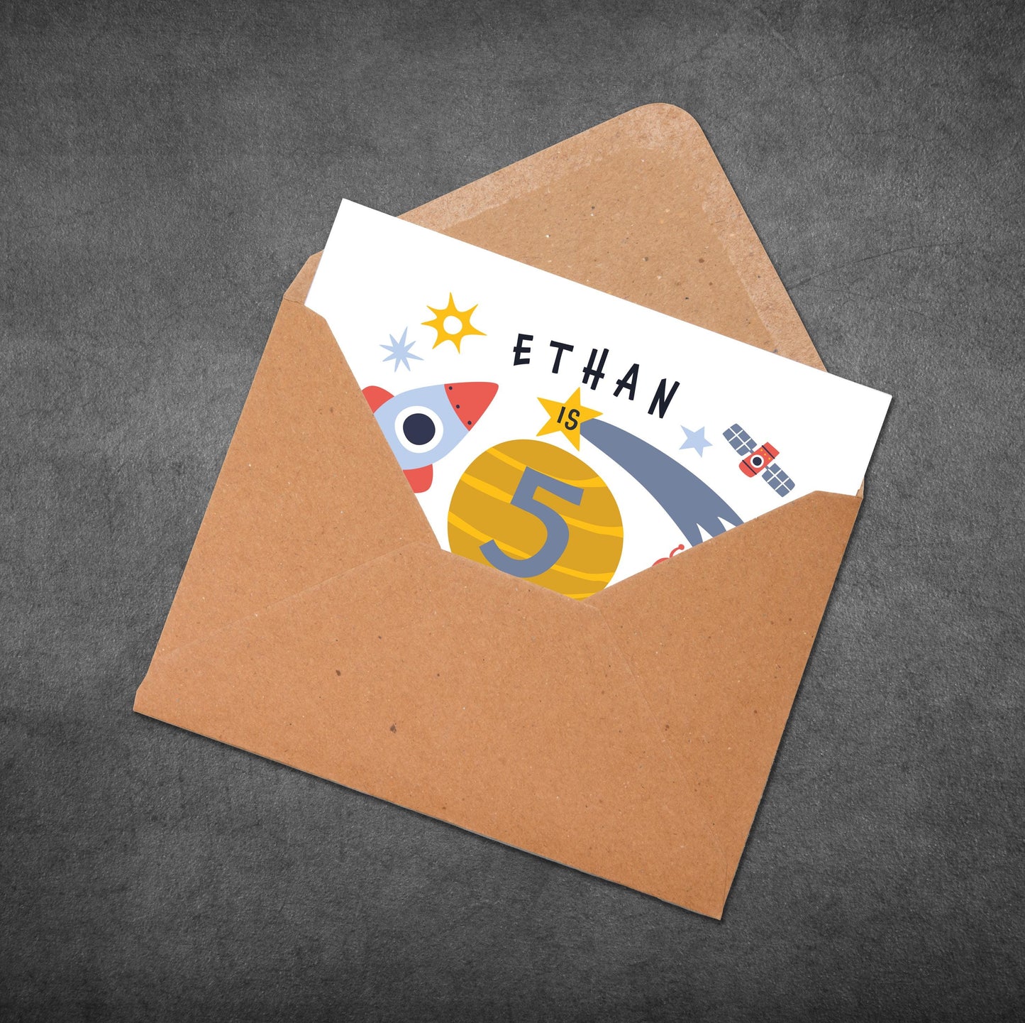 Personalized Kids Space Birthday Card: Rocket, Planets