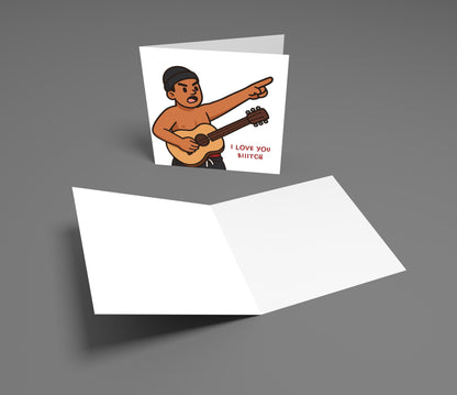 Card with a cartoon character playing guitar and text on a gray background